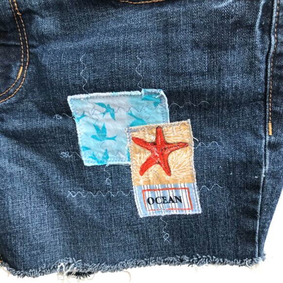 Upcycled Cutoff Jean Shorts, Patchwork Painted Ocean, Size 8 Junior - Picture 6 of 12
